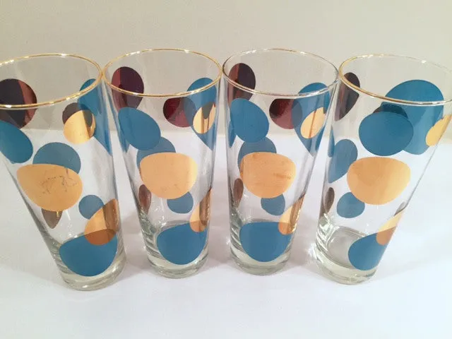 Russel Wright Mid-Century Bright Blue & 22-Karat Gold Eclipse Tall Collins Glasses (Set of 4)