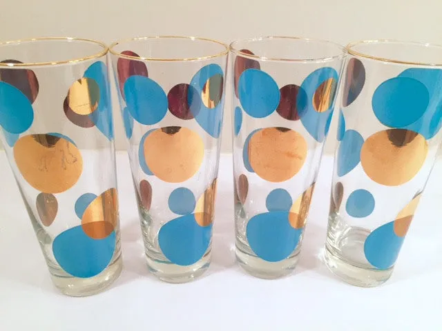 Russel Wright Mid-Century Bright Blue & 22-Karat Gold Eclipse Tall Collins Glasses (Set of 4)
