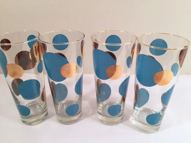 Russel Wright Mid-Century Bright Blue & 22-Karat Gold Eclipse Tall Collins Glasses (Set of 4)