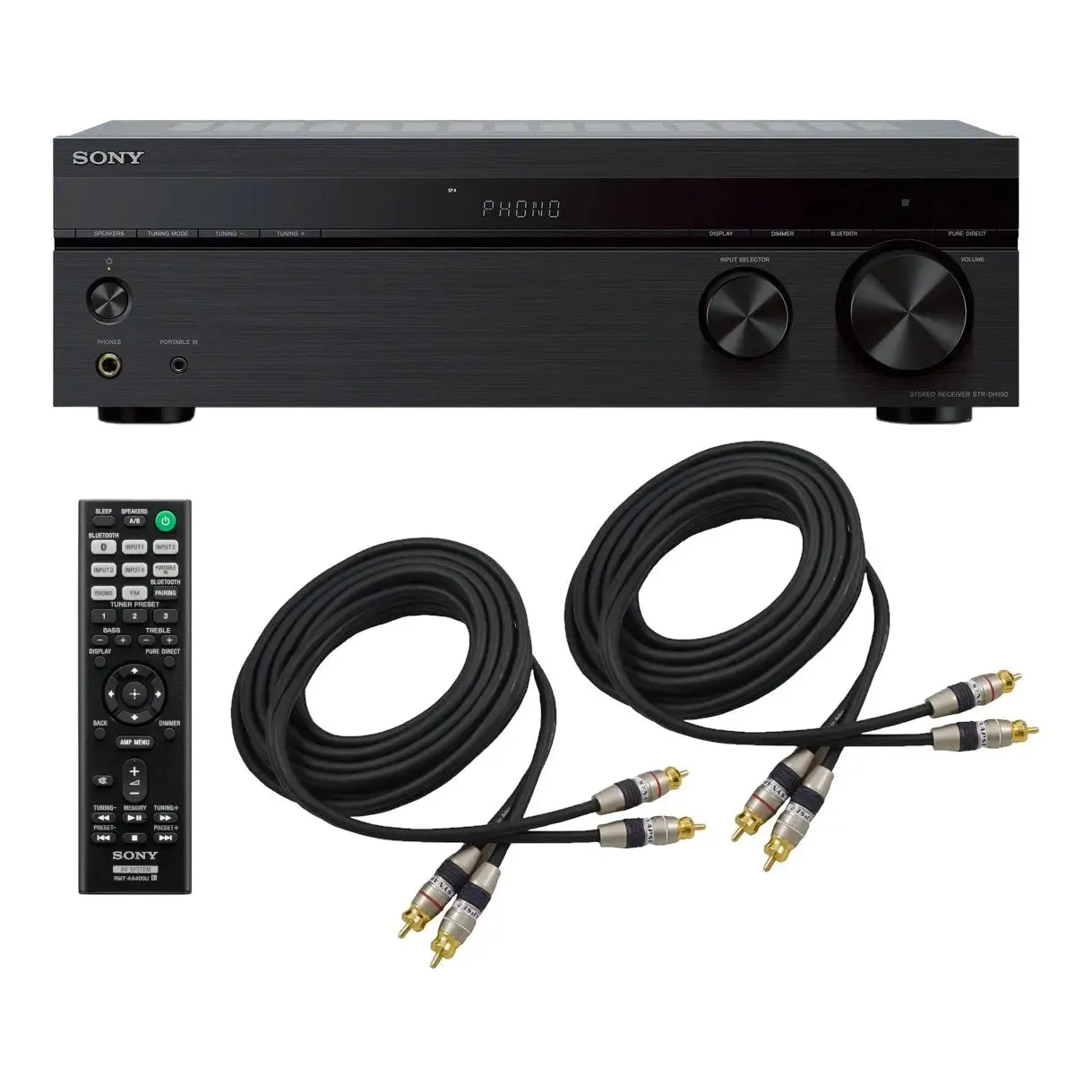 Sony STRDH190 2 Channel Stereo Receiver Phono Inputs and Bluetooth with 2 RCA Cables Combo