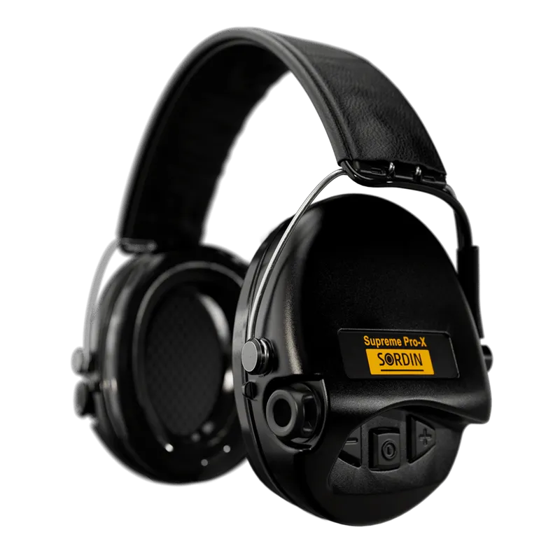 Sordin Supreme Pro-X Electronic Hearing Protection - Black Leather Headband Black Cup Colour