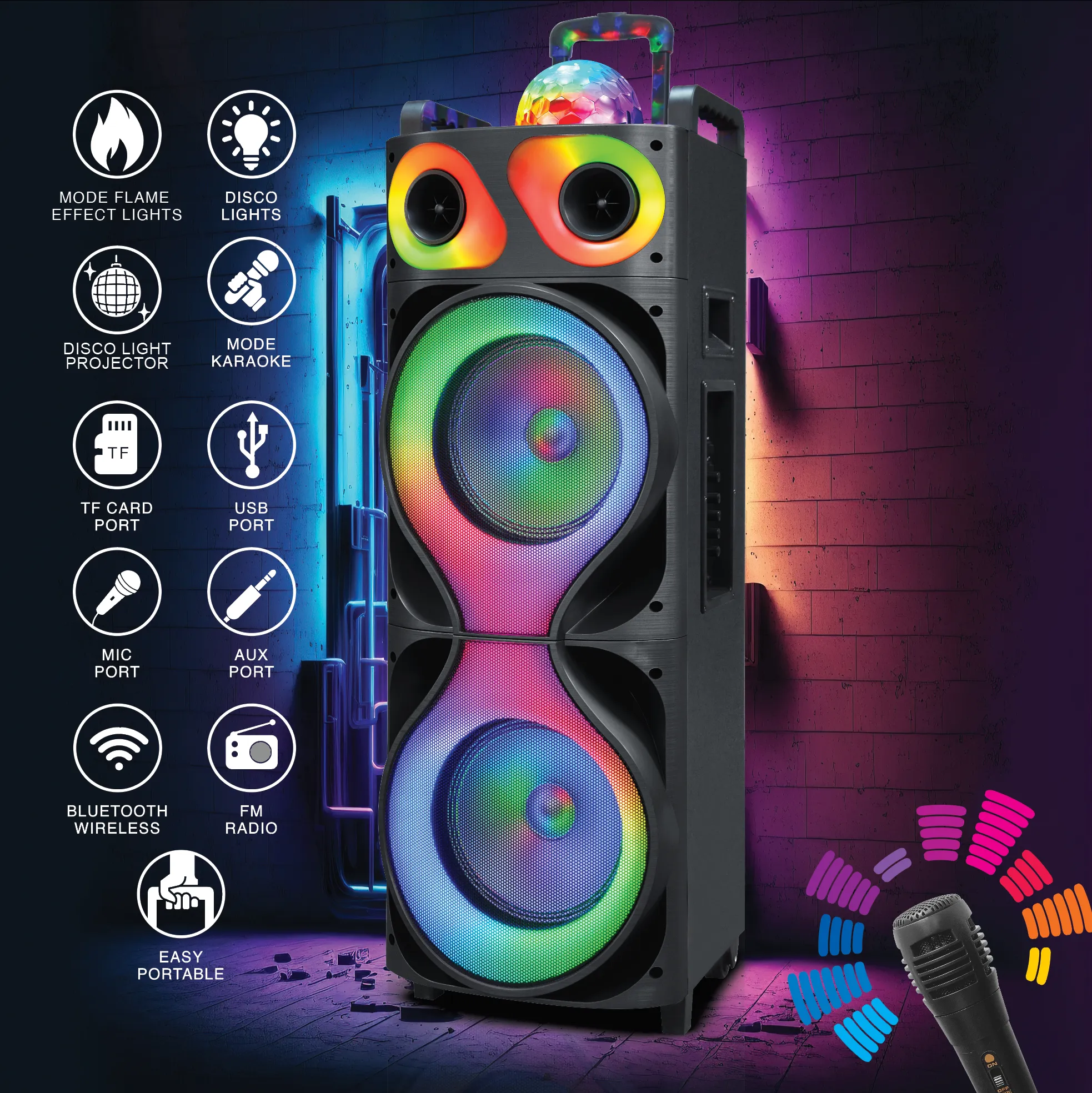 TOPTECH ROCK-212, 2x12" Portable Bluetooth Speaker with Disco Flame Lights & 10,000W Power
