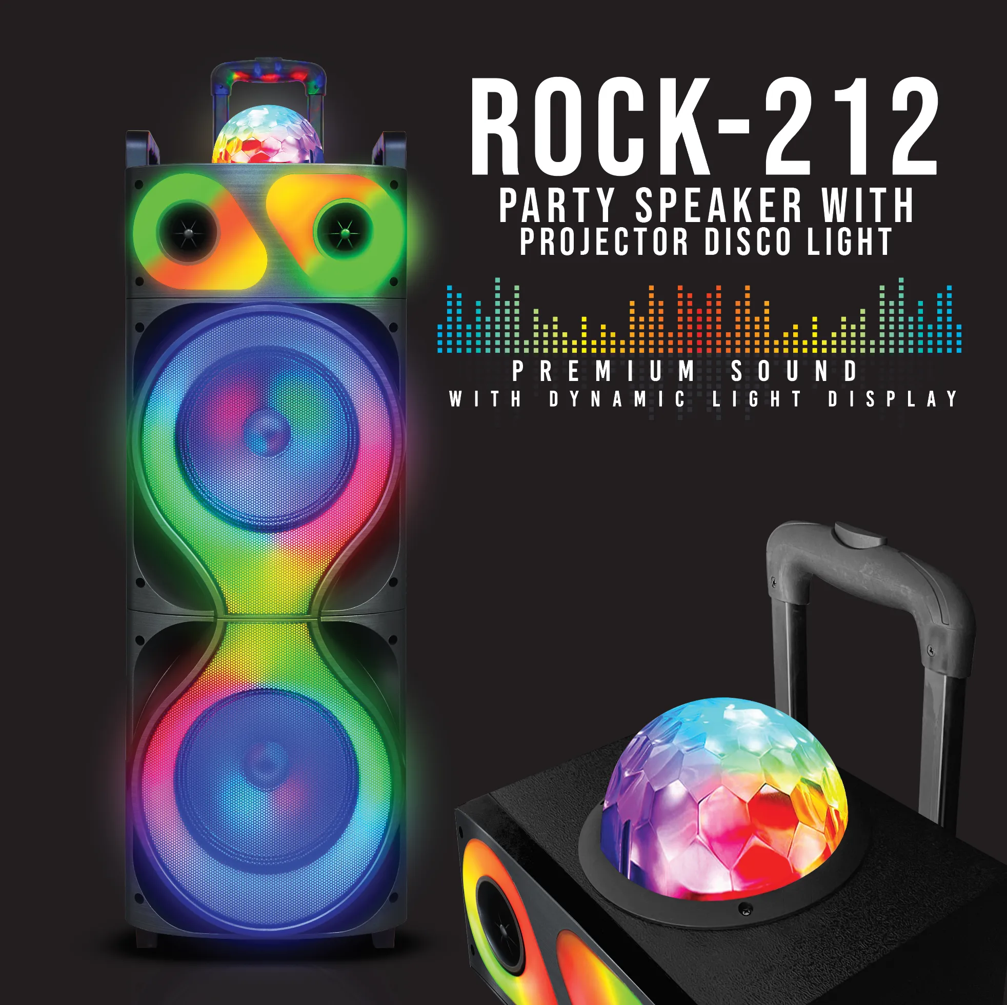 TOPTECH ROCK-212, 2x12" Portable Bluetooth Speaker with Disco Flame Lights & 10,000W Power
