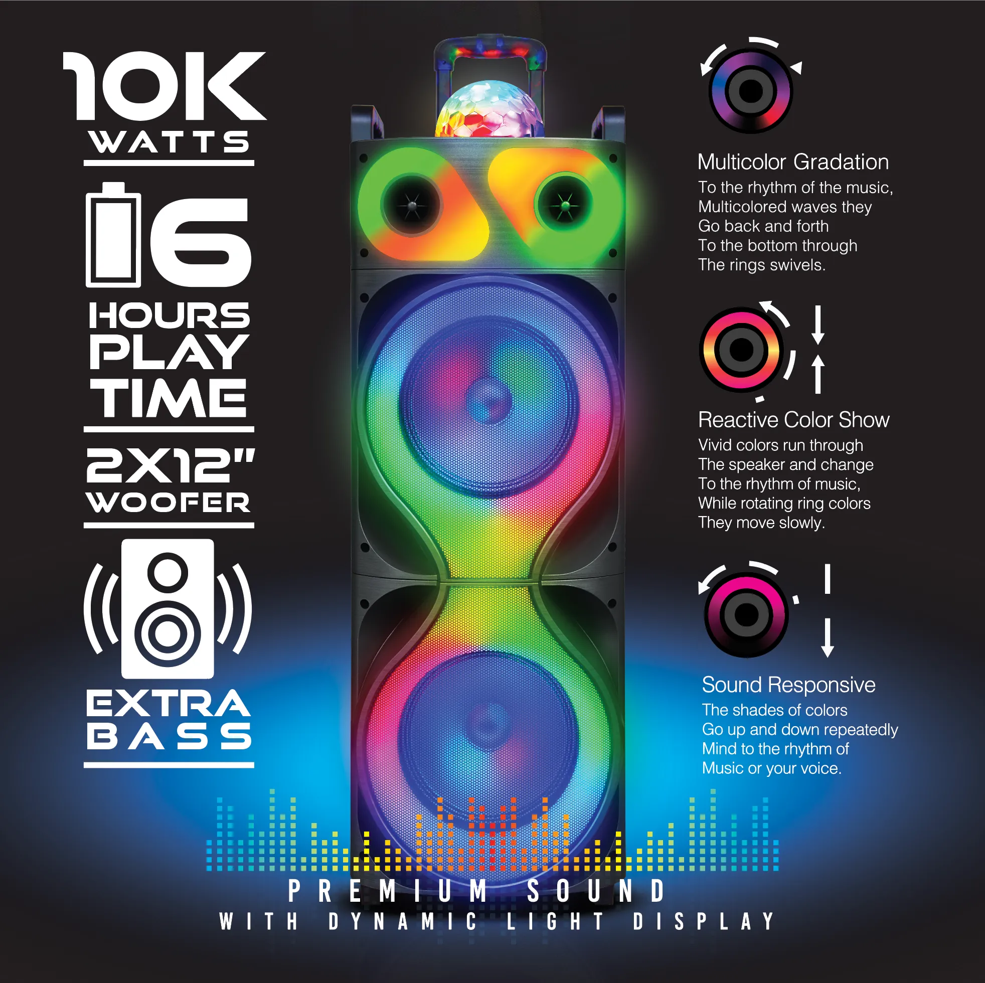 TOPTECH ROCK-212, 2x12" Portable Bluetooth Speaker with Disco Flame Lights & 10,000W Power