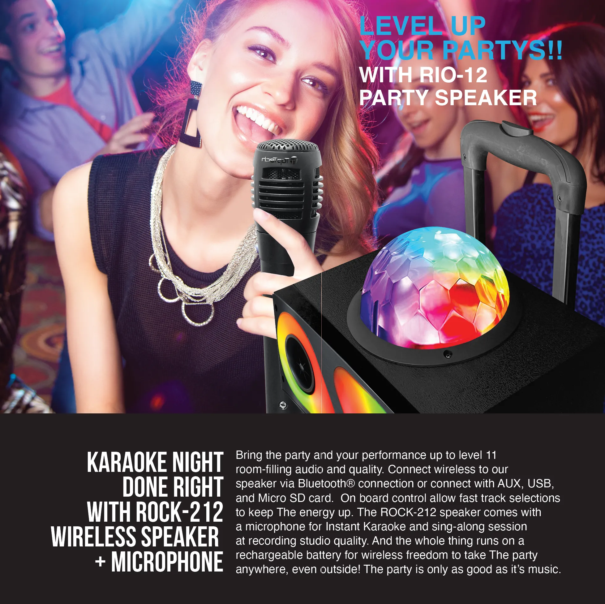 TOPTECH ROCK-212, 2x12" Portable Bluetooth Speaker with Disco Flame Lights & 10,000W Power
