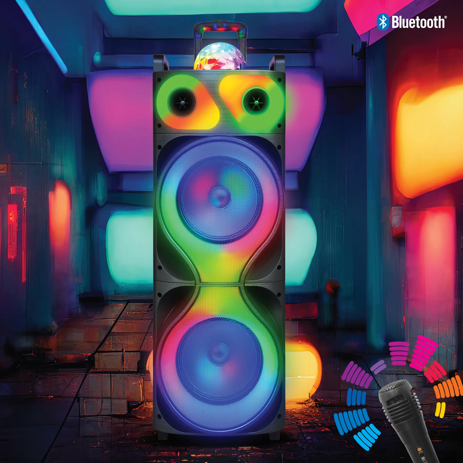 TOPTECH ROCK-212, 2x12" Portable Bluetooth Speaker with Disco Flame Lights & 10,000W Power