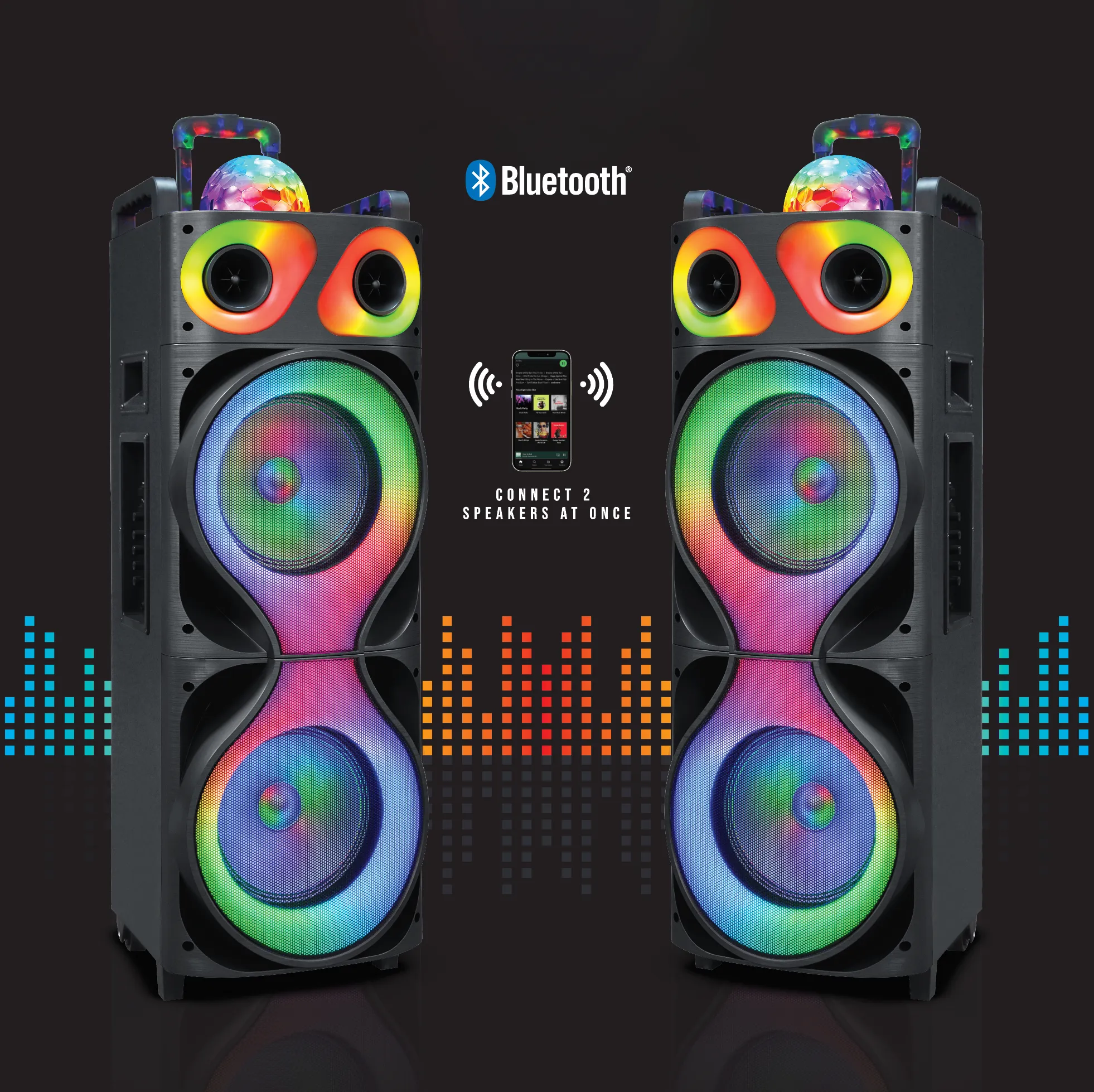 TOPTECH ROCK-212, 2x12" Portable Bluetooth Speaker with Disco Flame Lights & 10,000W Power