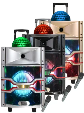 TOPTECH TTR-108, 8'' Bluetooth Speaker with Disco Ball, LED Lights, 1400W Peak Power, Wireless Mic, and 6 Hours Playtime