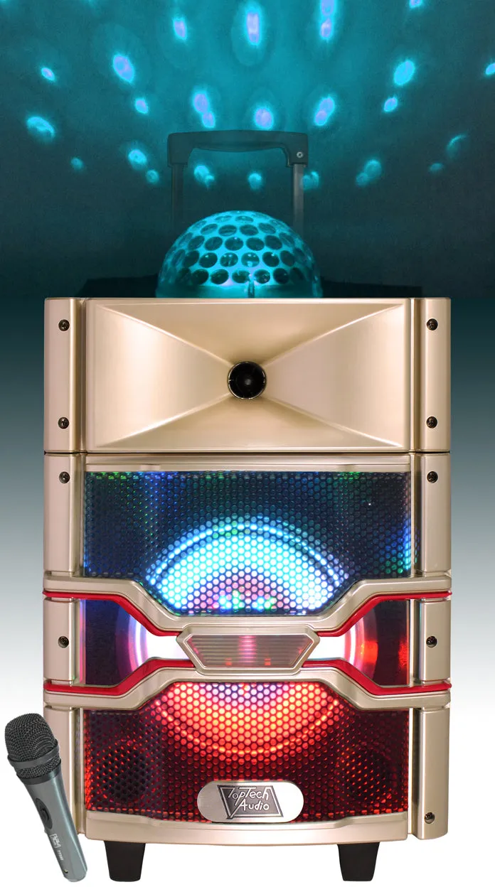 TOPTECH TTR-108, 8'' Bluetooth Speaker with Disco Ball, LED Lights, 1400W Peak Power, Wireless Mic, and 6 Hours Playtime
