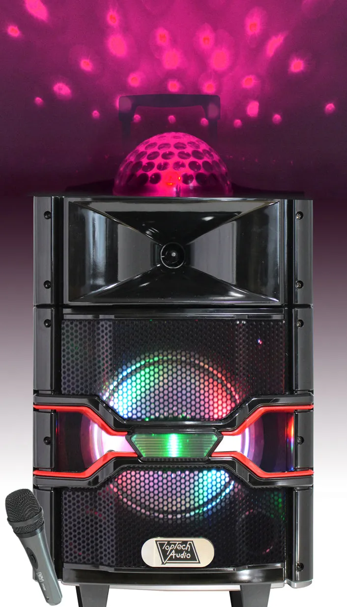 TOPTECH TTR-108, 8'' Bluetooth Speaker with Disco Ball, LED Lights, 1400W Peak Power, Wireless Mic, and 6 Hours Playtime