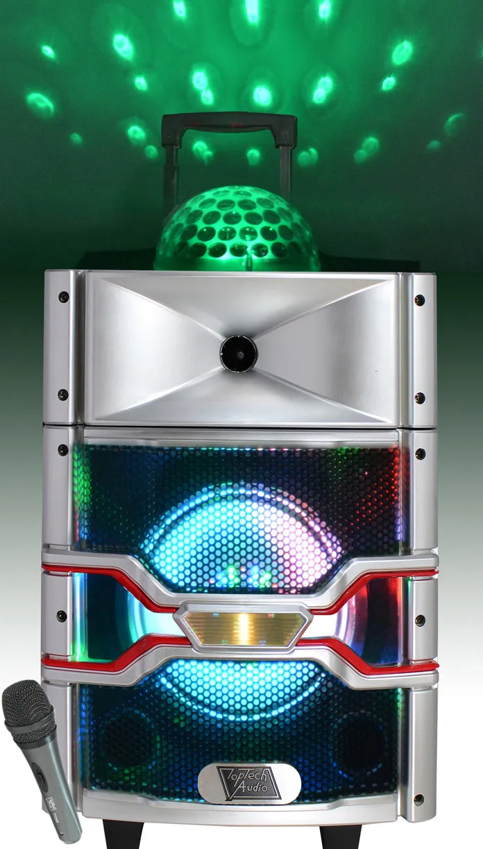TOPTECH TTR-108, 8'' Bluetooth Speaker with Disco Ball, LED Lights, 1400W Peak Power, Wireless Mic, and 6 Hours Playtime
