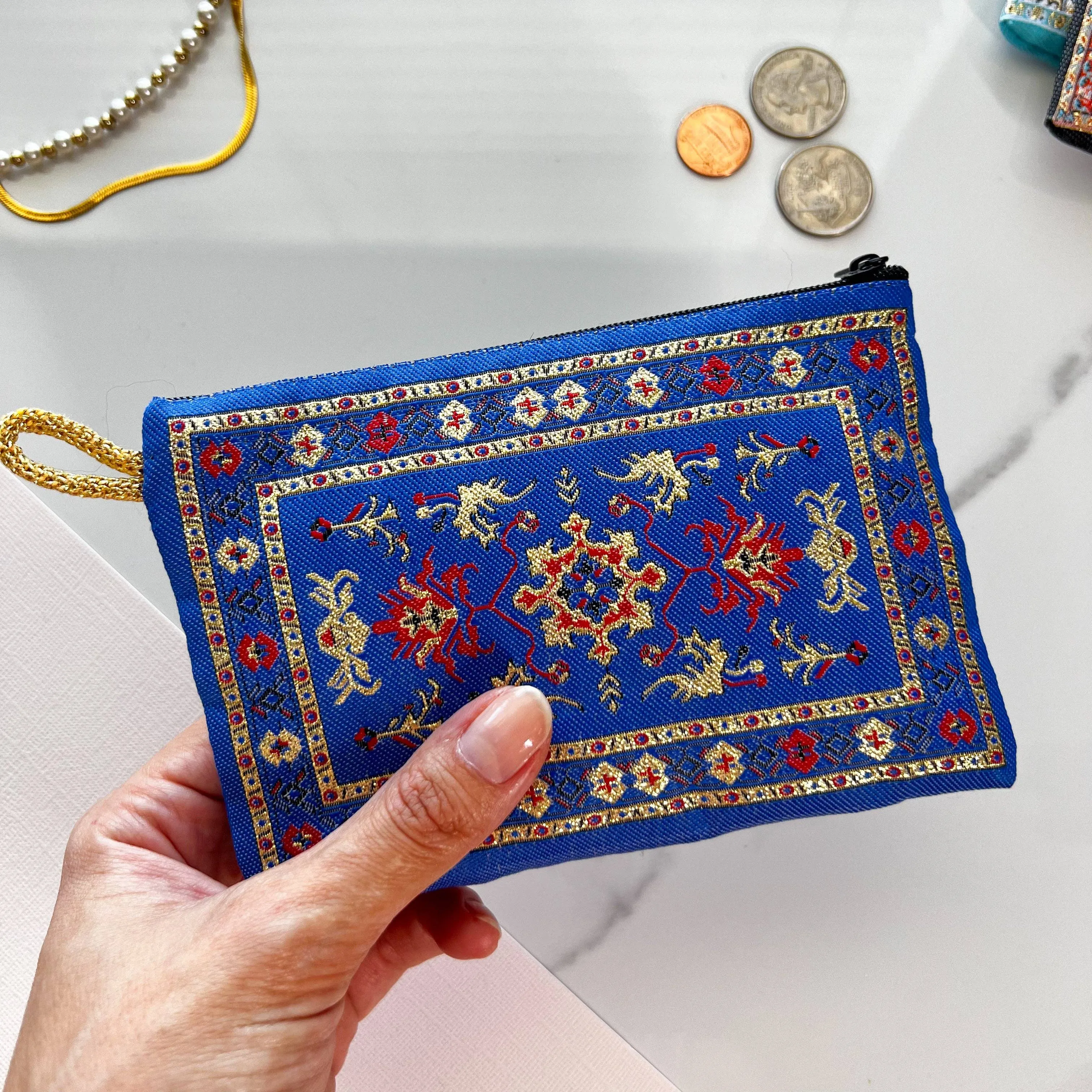 Turkish Rug Design Blue Coin Purse Small Zipper Pouch | Wallet Organizer | Handmade in Turkey | 4" x 5"