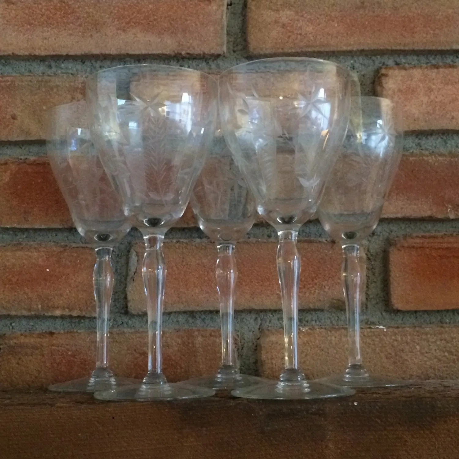 Vintage Wine Glasses. Glassware Ornate Etched Crystal Clear Tall Water Goblet. Set of 5. Barware. Serving. Entertaining