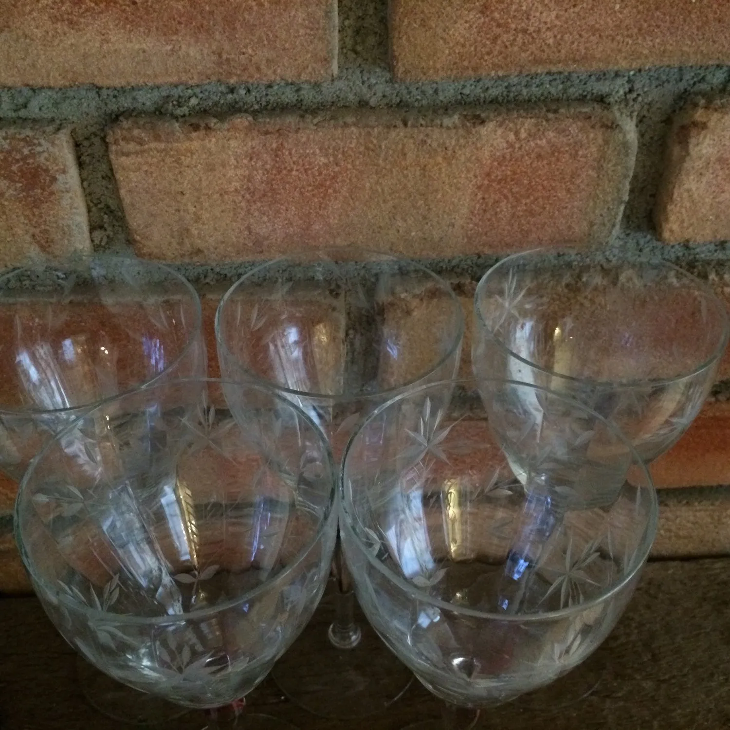 Vintage Wine Glasses. Glassware Ornate Etched Crystal Clear Tall Water Goblet. Set of 5. Barware. Serving. Entertaining