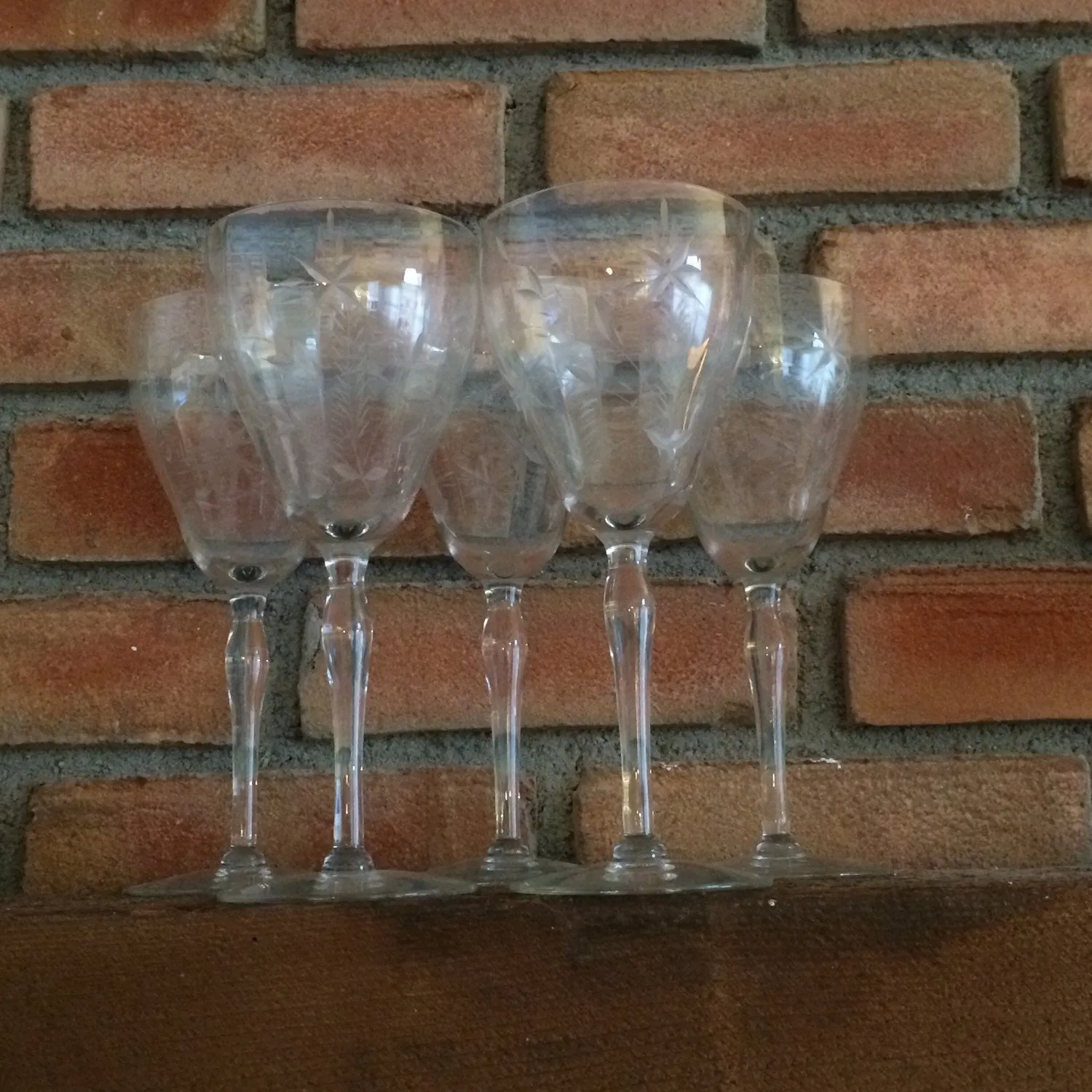 Vintage Wine Glasses. Glassware Ornate Etched Crystal Clear Tall Water Goblet. Set of 5. Barware. Serving. Entertaining