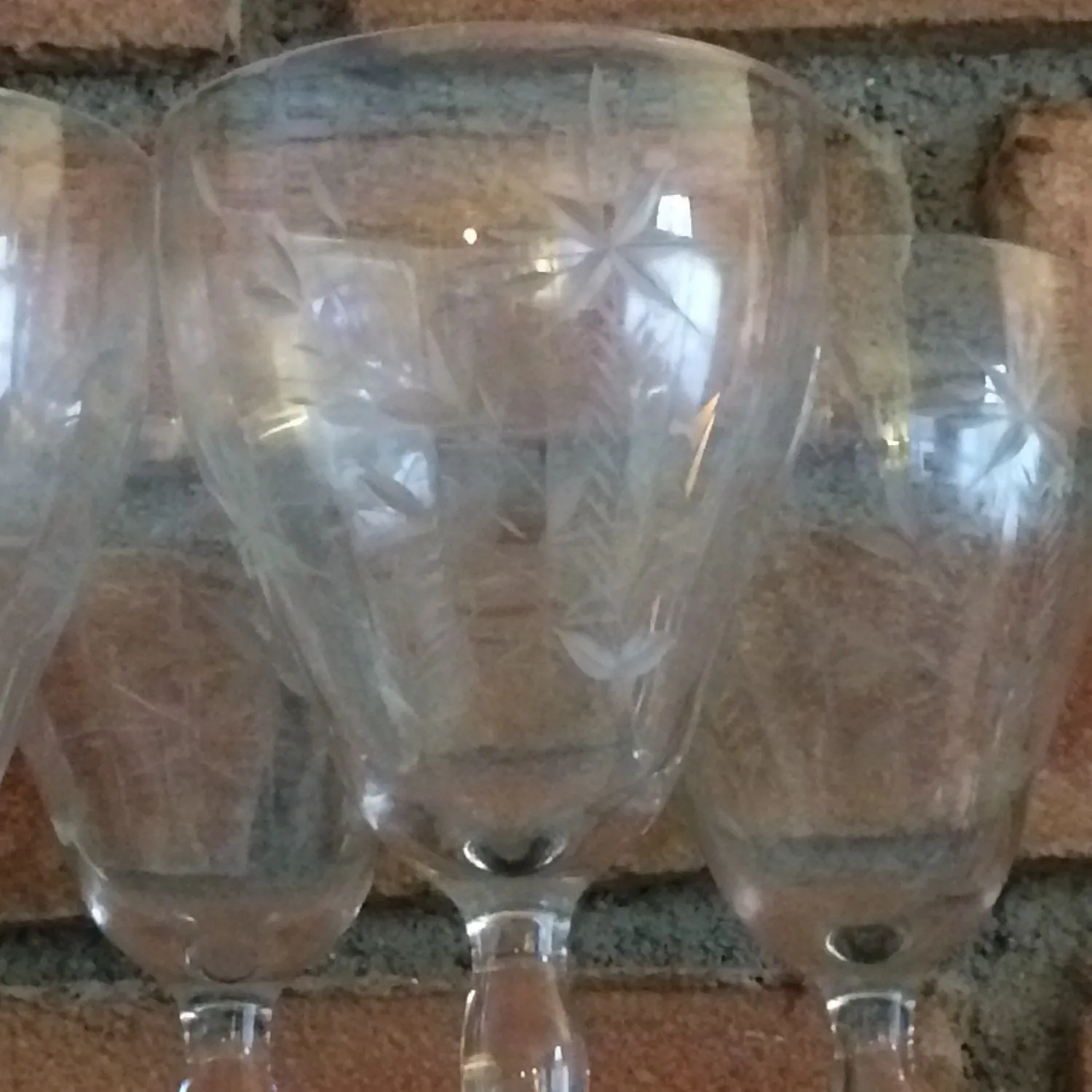 Vintage Wine Glasses. Glassware Ornate Etched Crystal Clear Tall Water Goblet. Set of 5. Barware. Serving. Entertaining