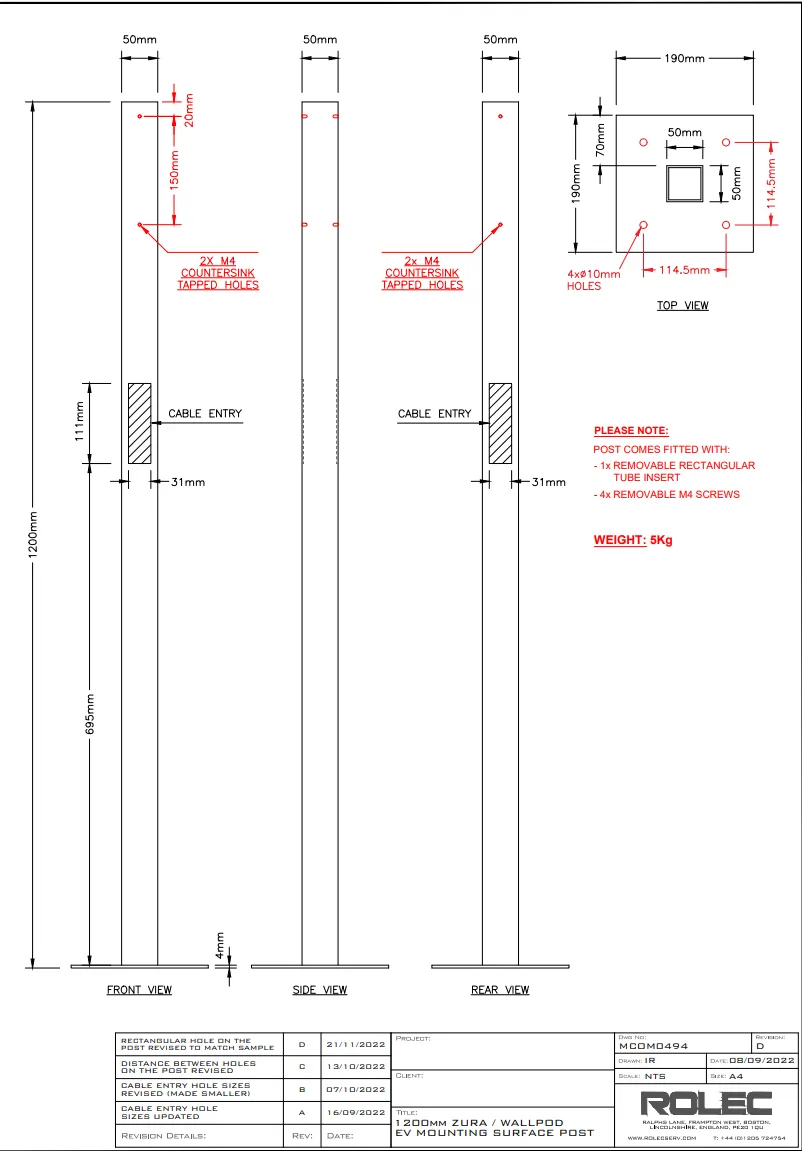Zura/WallPod/QUBEV Smart Mounting Post | Fits up to 2 Chargers